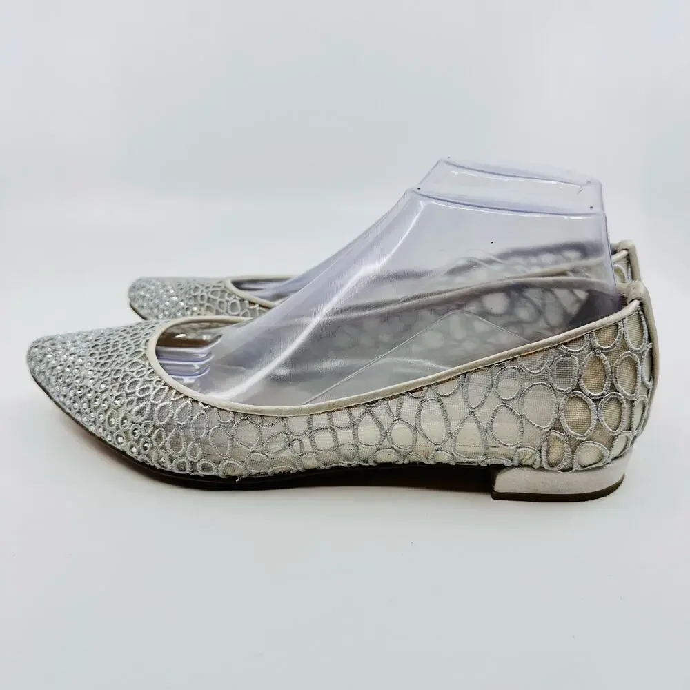 Stuart Weitzman Flats With Sparkling Diamond Jewels Womens 8M Silver Pointed Toe